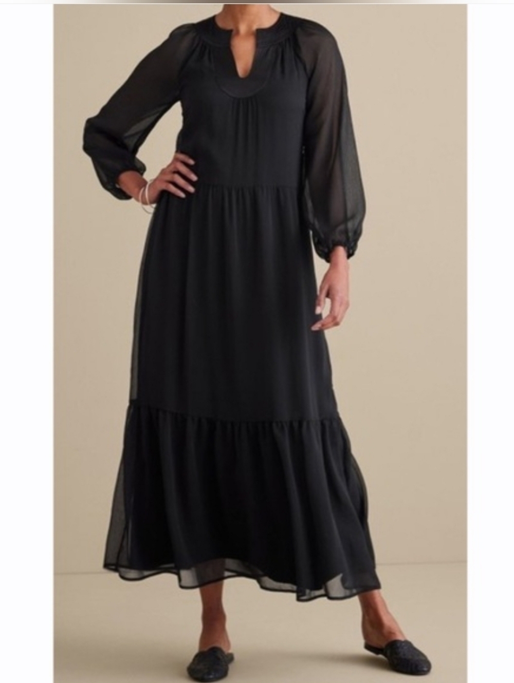 Soft Surroundings Olga Maxi Dress Black Long Sheer Sleeves Tiered NWT Sz M